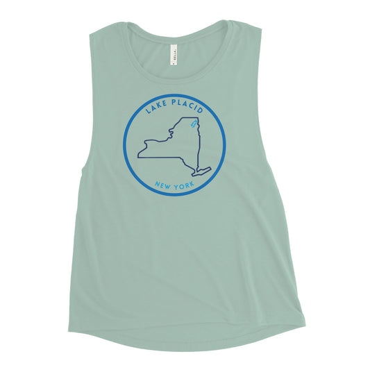 Lake Placid New York Freshwater NY Outline Ladies’ Muscle Tank
